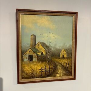 Vintage Oil Painting landscape farm house MCM